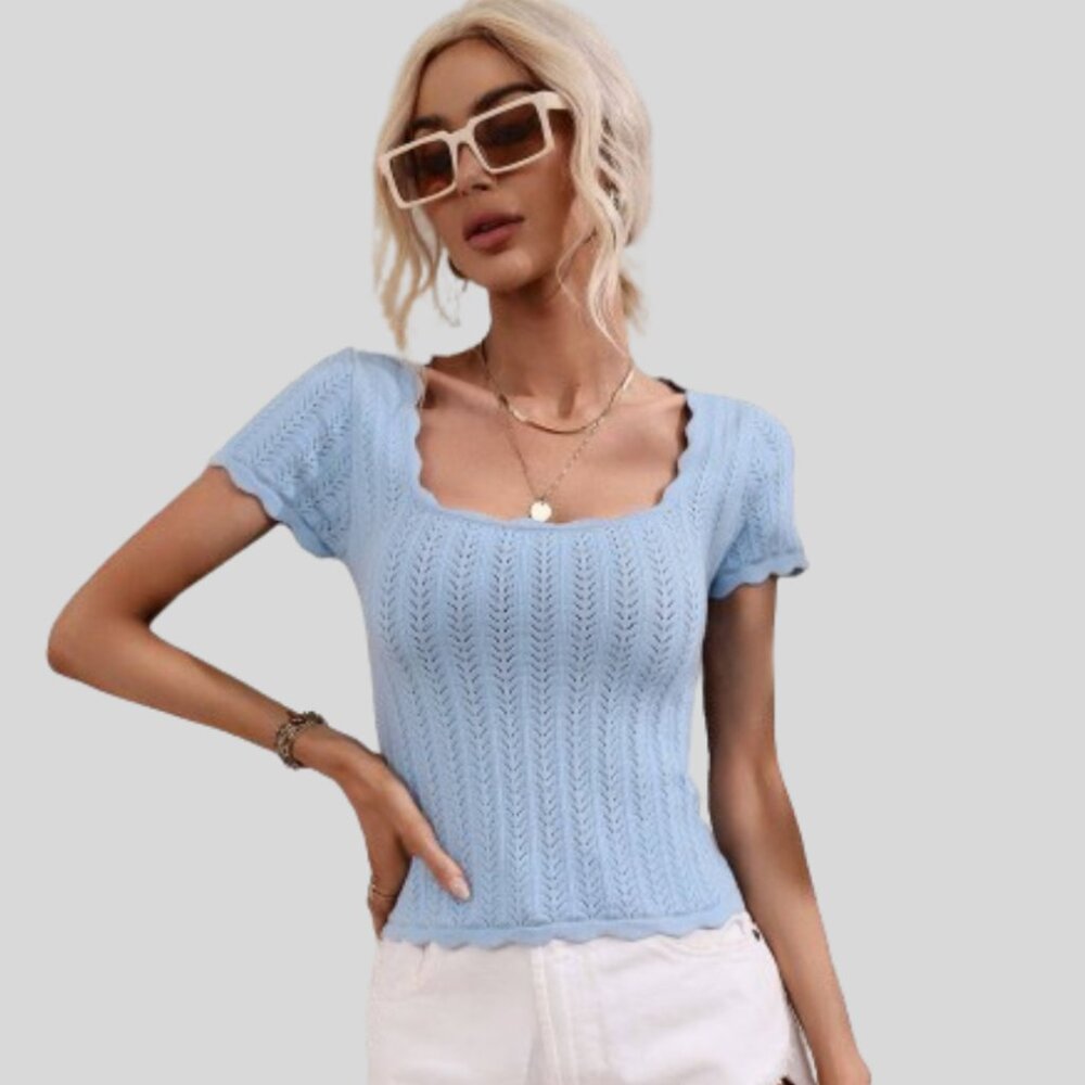 Crochet Square-Neck Sweater Tops - Color Sky Blue
